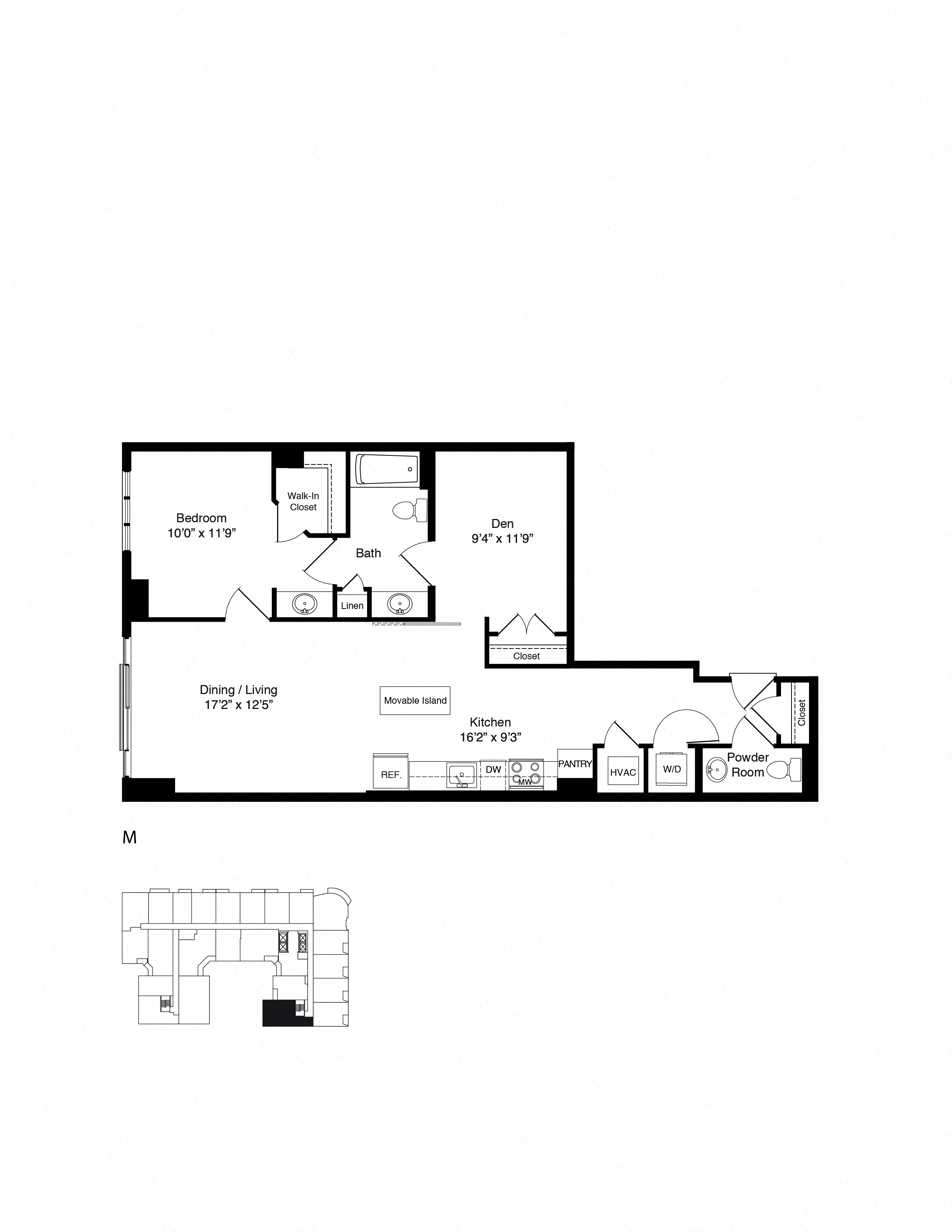Floor plan for 1 bed, 1 bath, 991 sqft